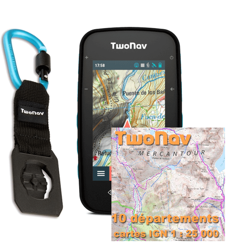 TWONAV GPS CROSS + 10 DÉPARTEMENTS FRANCE CARTES IGN TOP25 + MOUSQUETON