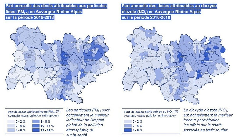 Parts annuelles de décès attribuables aux particules fines et au dioxyde d'azote sur la région - credit Santé Publique France