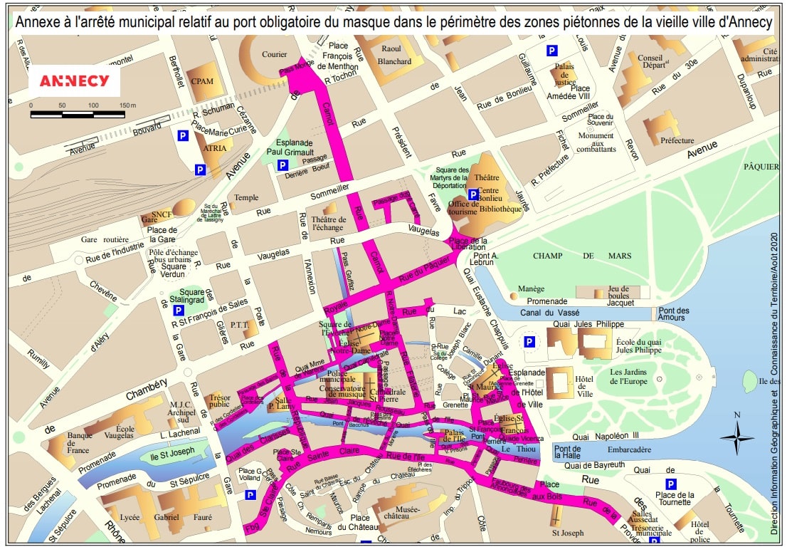 Plan des rues d'Annecy concernées par l'obligation de porter un masque