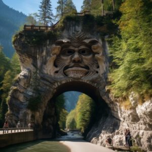 a priest giving a cat to the Devil on a bridge