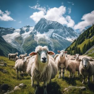 Een kudde schapen in de weilanden van de berg Chamonix